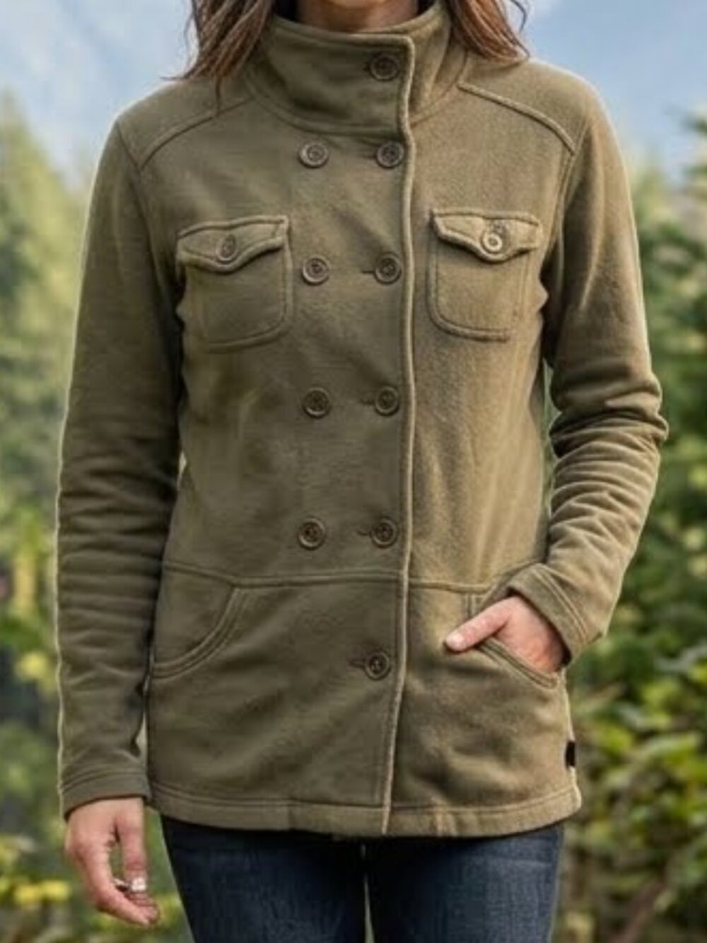 PrAna Tori Military Jacket Olive Green Double-Breasted Cotton Fleece Size L